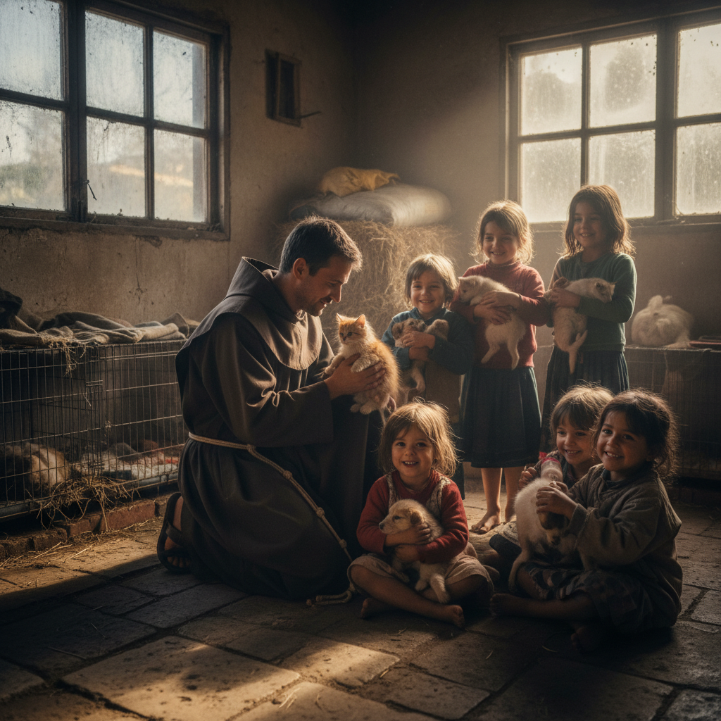Friar and Orphans with Rescued Animals