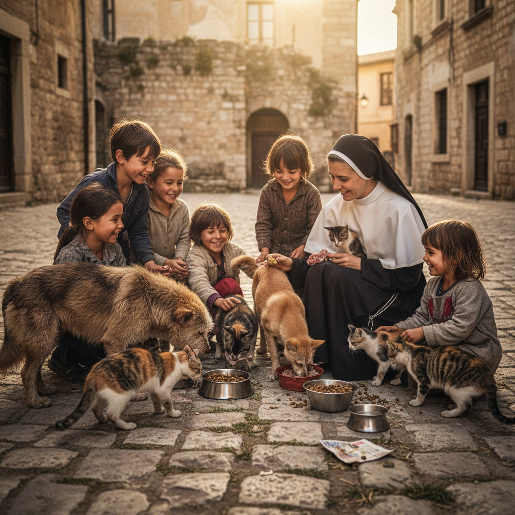 Nun and Children Feeding Street Animals