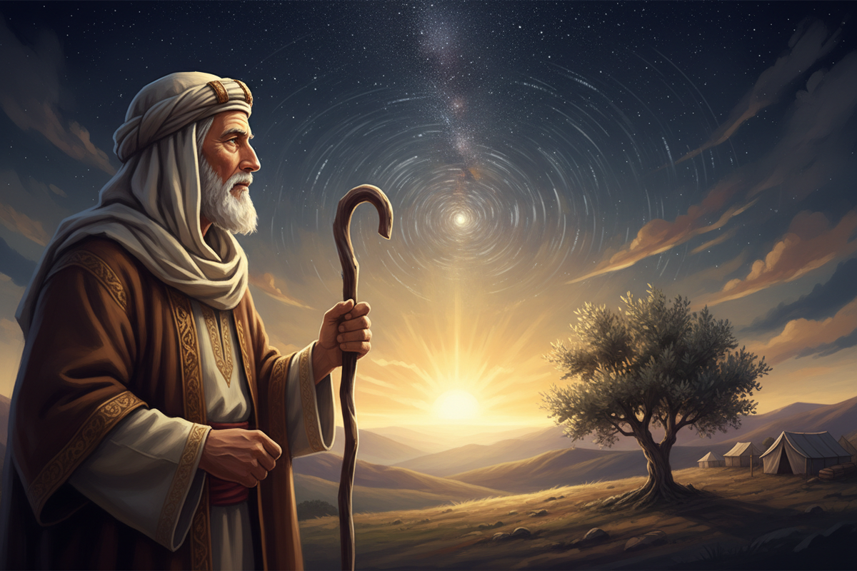 Abraham looking toward a radiant horizon beneath the stars, representing the obedience of faith